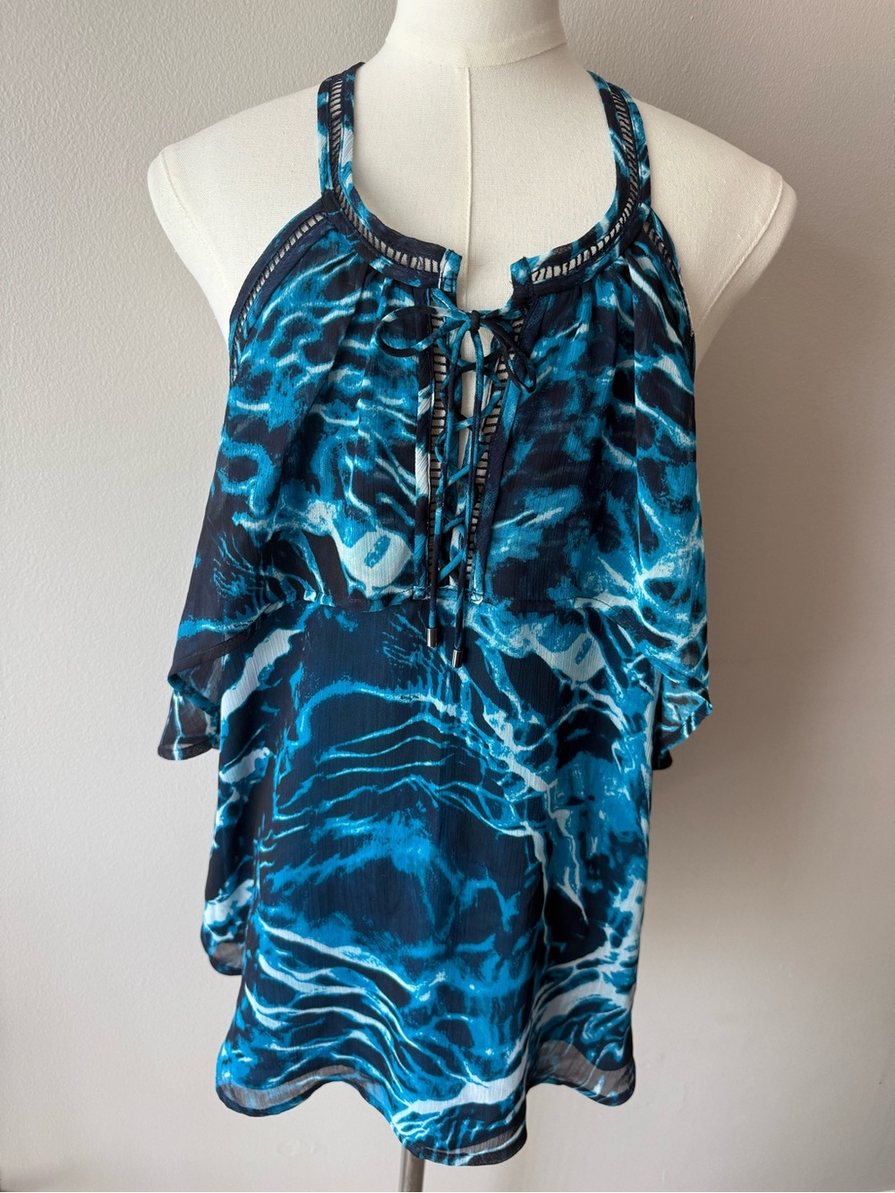 WHBM Blue Water Print Lace Up Halter Top Blouse 0